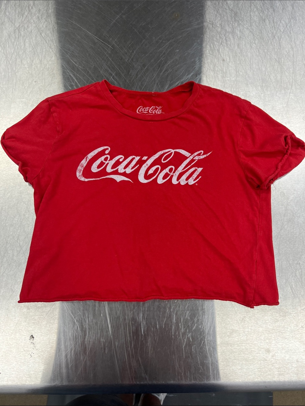 Coca Cola Red Crop Logo Tee with White Script Women’s S Aged Look
